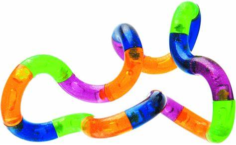 A colorful Tangle Jr. Crush Series fidget toy, featuring translucent segments in blue, green, orange, and purple.