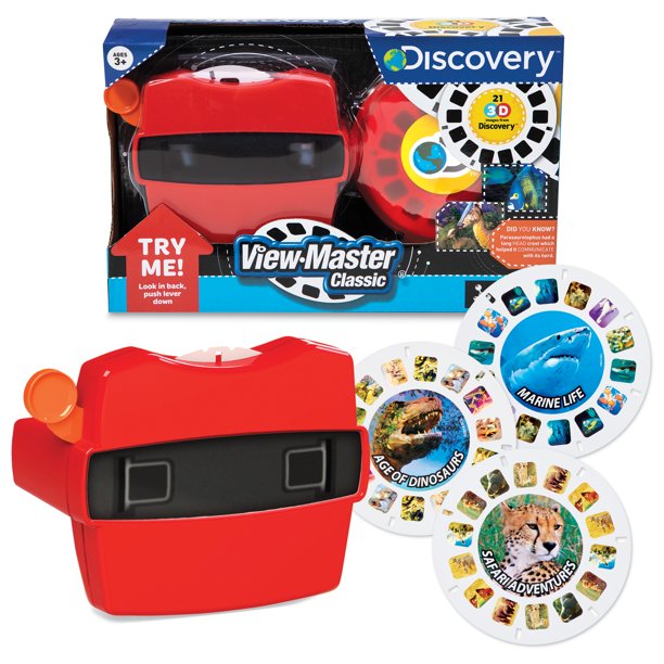 A retro-inspired Viewmaster Boxed Set with one red 3D viewer and three colorful reels with images, displayed alongside its packaging.