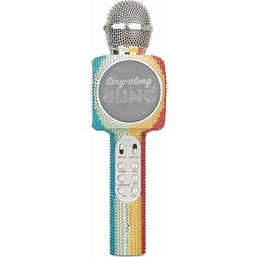 A multicolored Sing-Along Bling Bluetooth Karaoke Microphone with a bling embellished handle and a microphone at the top with buttons on the side.