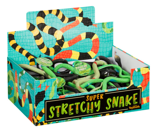 A box of Super Stretchy Snake toys in various colors, prominently displaying the product name 'Super Stretchy Snake'.