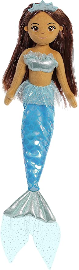 A plush doll resembling a mermaid with a silver top and blue tail, featuring embroidered facial features and brown hair.