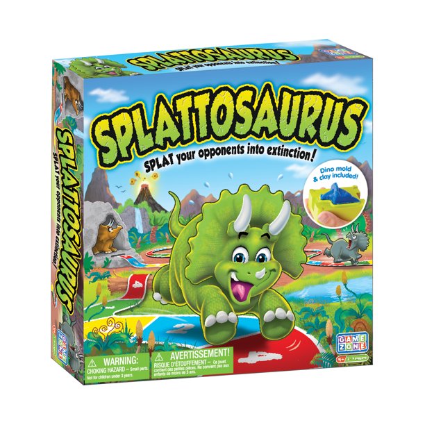 Boxed board game 'Splattosaurus' featuring a cartoonish green dinosaur, with colorful game components visible inside the box.
