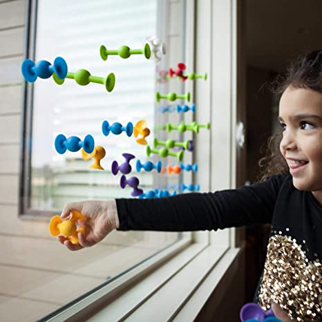Squigz Starter 24 Piece Set - Suction Construction-Toys-Fat Brain Toys-SUCTION CUP BUILDERS IN 8 VERSATILE SHAPES AND COLORS; they're fun little suckers! SUCTION CONSTRUCTION THRILLS THE IMAGINATION; stick them to each other and any smooth surface! PERFECT FOR AGES 3 YEARS AND UP; made of 100% high-quality food-grade silicone; BPA-free, latex-free ENCOURAGES CREATIVITY, EXPERIMENTATION, sensory stimulation; helps motor skills, problem solving STARTER SET INCLUDES 24 PIECES; dishwasher safe; leaves no residu