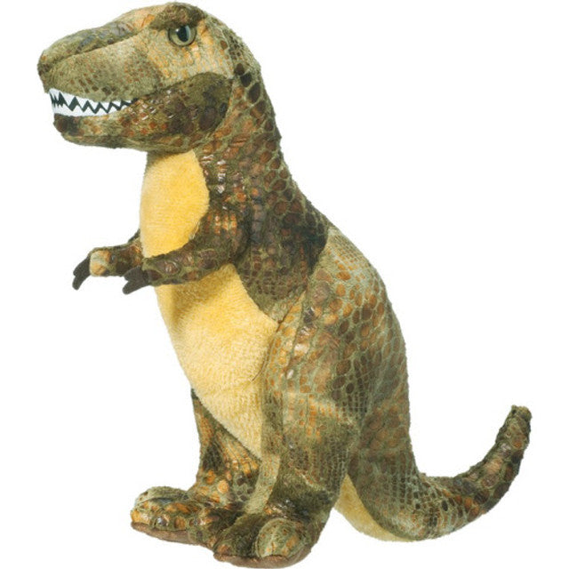 A plush stuffed toy resembling a Tyrannosaurus Rex with a scaly texture, pointed teeth, felt claws, and olive green eyes.