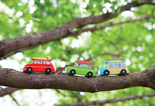 Three small toy wood cars in red, green, and blue colors placed on a branch with green leaves in the background.