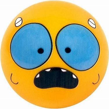 A yellow bouncy ball with a cartoonish face printed on it, featuring blue eyes and a mouth.