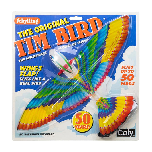 Packaging for 'The Original Tim Bird' mechanical toy bird showing the product with multicolored wings in a flap position, along with the text detailing its features.