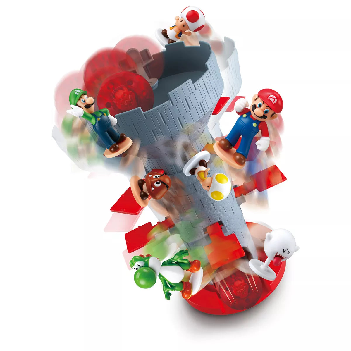 BL Super Mario Blow Up! Shaky Tower-Toys-Epoch-PRODUCT FEATURES Game includes easy-to-assemble Tower, 7 unique Super Mario Action Figures and die Detailed Super Mario Action Figures include Mario, Luigi, Toad, Yellow Toad, Yoshi, Boo and Goomba Roll the die to determine how many figures each player must put on or take off the Tower. Take turns, and be careful not to make the Tower shake, or Mario and his friends will fall and the game will be over! Figures from the Balancing Games are compatible with other