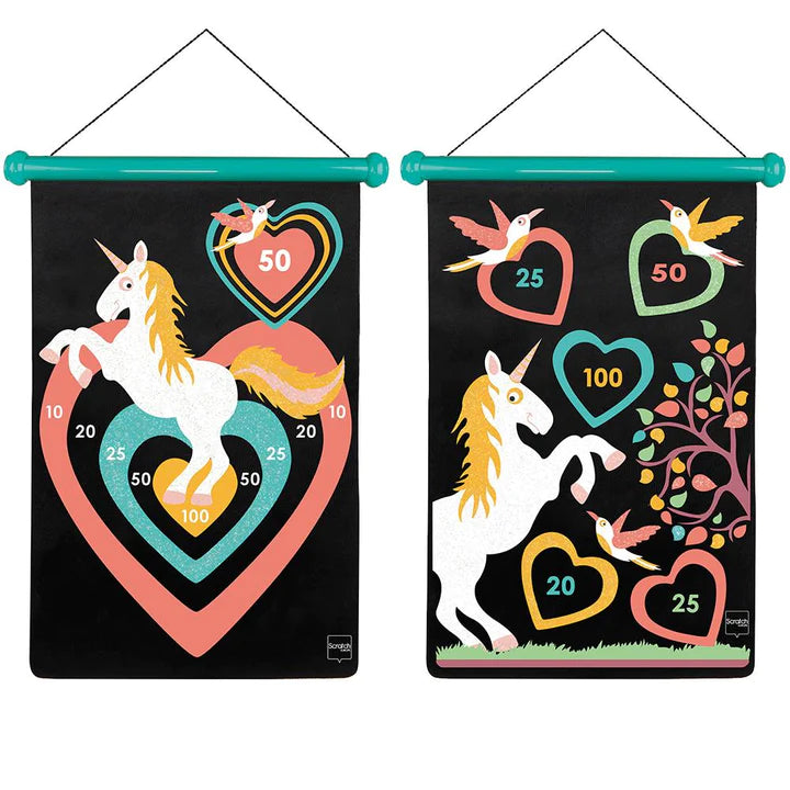 A set of magnetic darts with a unicorn and heart theme displayed on a black background, and a tree and bird theme on a black background. The darts are plastic with metal tips, and the canvas is double-sided.