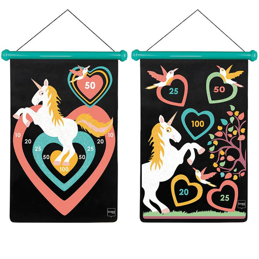 A set of magnetic darts with a unicorn and heart theme displayed on a black background, and a tree and bird theme on a black background. The darts are plastic with metal tips, and the canvas is double-sided.