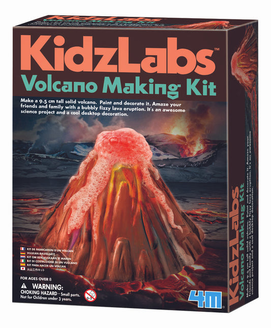 A box of the KidzLabs Volcano Making Kit showing a diagram of a volcano model and materials needed, indicating a science experiment kit for children.