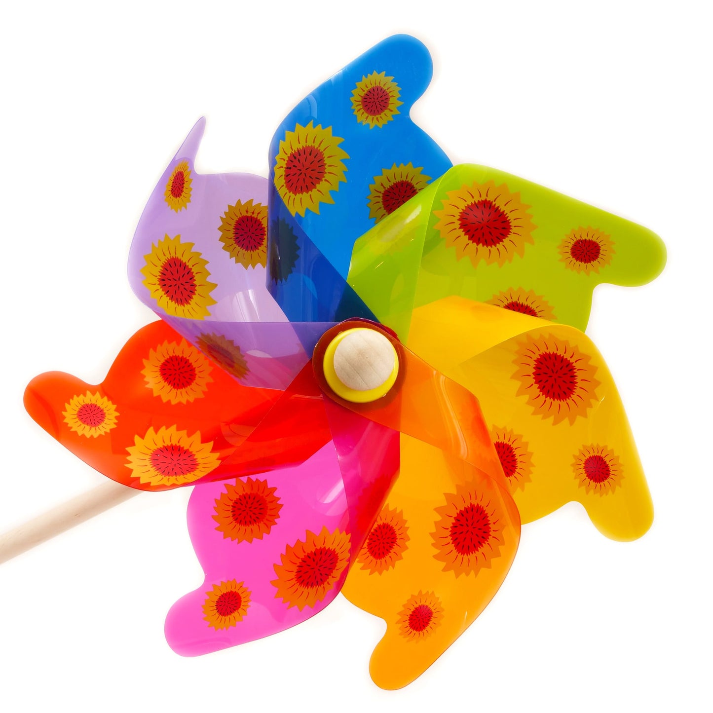 A large traditional wooden windmill with bright bold colors, featuring sunflower designs on each of its blades.