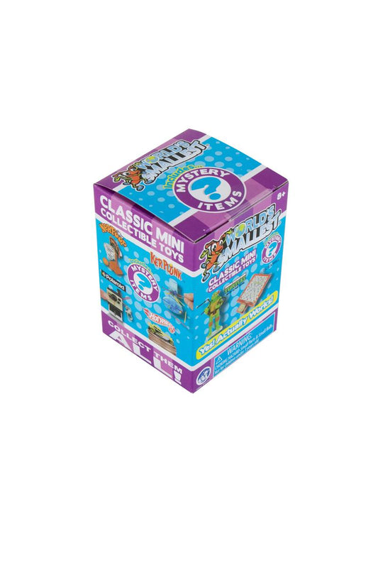 A small multicolored square blind box toy packaging with various graphic designs and text indicating it is a collectible item.