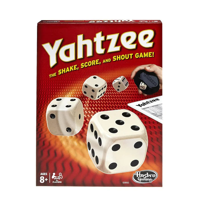The image shows the packaging of the Yahtzee board game, featuring the game's name, dice, and a brief description of the game.