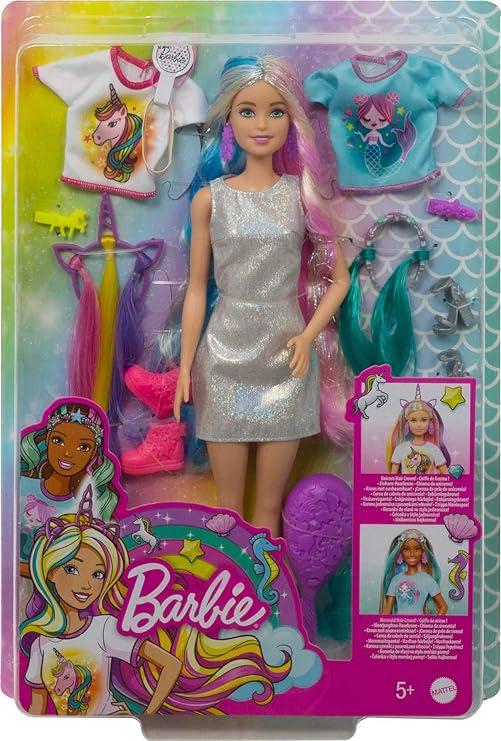 Barbie Fantasy Hair Doll & Accessories, Long Colorful Blonde Hair with Mermaid and Unicorn-Inspired Clothes