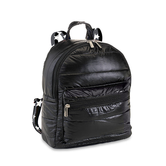 Black Puffer Mini Backpack w/ Pink White Split Star Straps