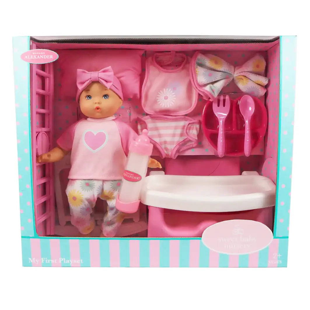 Madame Alexander My First Playset-Toys & Games-Enchanted Moments-Introduce your child to the world of imagination with the My First Playset from Madame Alexander! This limited edition playset features a 12" doll, crib, feeding chair and accessories like a bib, bottle, utensils and a diaper. Watch as your child nurtures and cares for their new doll companion, encouraging creativity and empathy.-Kidz Toys