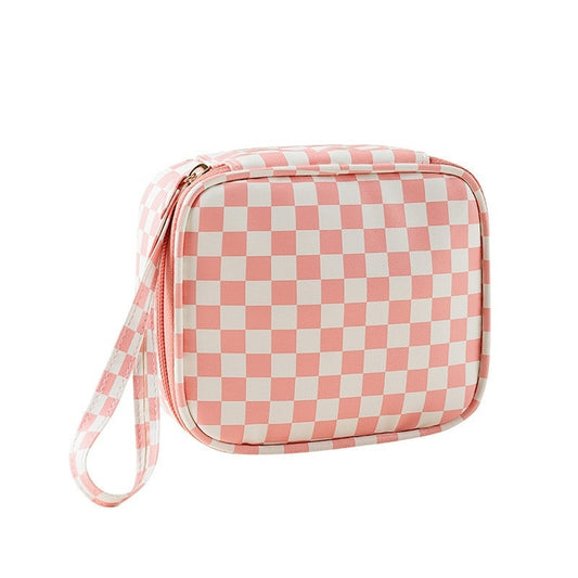 Travel Checker Makeup Cosmetic Pouch Bag Pink, Checker Makeup Bag, Checker Travel Bag, Travel Bag