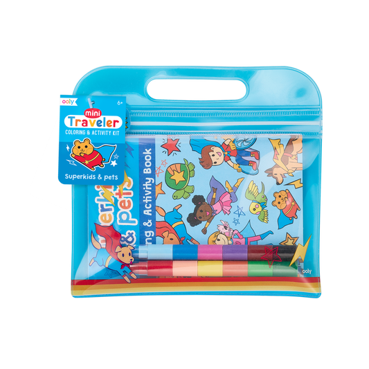 mini traveler coloring + activity kit - superkids & pets