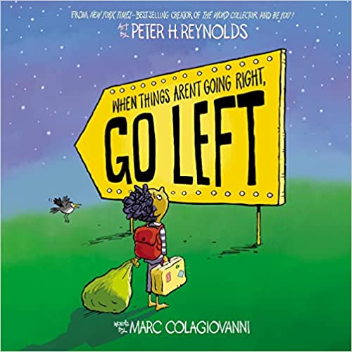 Illustration of a character standing next to a large arrow sign with the words 'GO LEFT' on it, set against a blue sky and white clouds background.