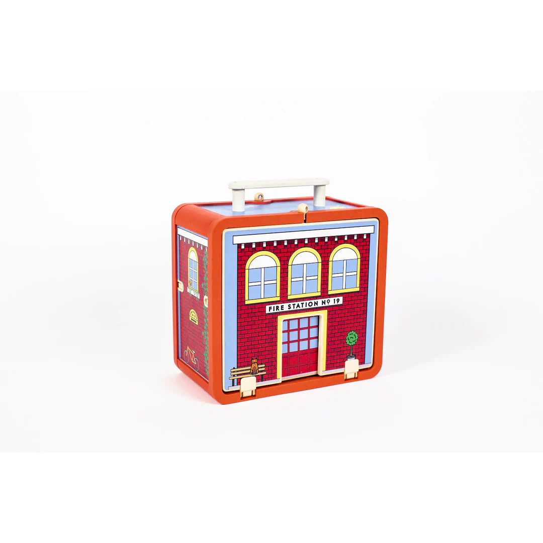 Fire House Pretend Play Suitcase with Accessories-Toys-Jack Rabbit-Introducing the suitcase series from Jack Rabbit Creations! Each suitcase opens up on both sides to reveal a world of fun. The 16-piece Fire House has everything for rescuing on the go, including fire fighters, fire trucks, hose, and station pets. Ages 3+.-Kidz Toys